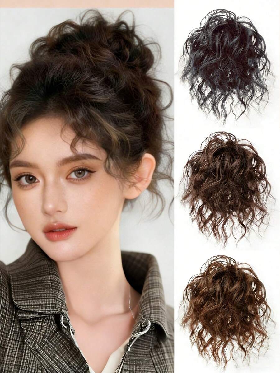 合成卷发发髻接发假发，波浪卷发髻，带橡皮筋，蓬松发片，适合女性日常派对使用 - 彩色 - 查看 1