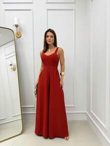 Long, Sensorial Jumpsuit With Wide Legs, Straight Neckline, And Medium Straps. - 紅陶 - 查看 1