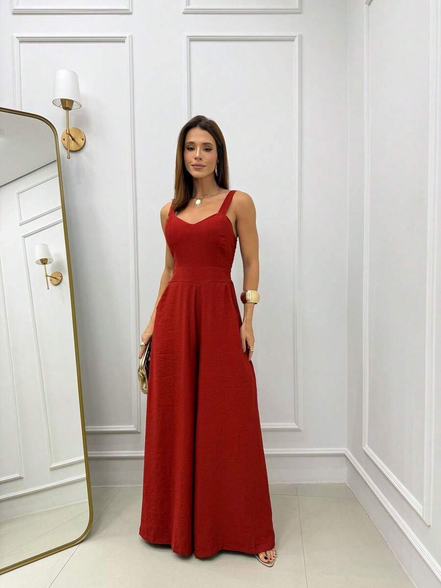 Long, Sensorial Jumpsuit With Wide Legs, Straight Neckline, And Medium Straps. - 紅陶 - 查看 1