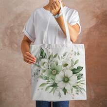 1pc Green Floral Pattern Sturdy Polyester Tote Bag With Adjustable Shoulder Strap - Multicolor - View 2