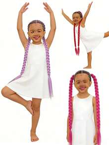 2pcs Synthetic Long Braid Ponytail, With Elastic Colorful Braided Ponytail Hair Accessories, Suitable For Children - Multicolor - View 6