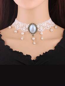 1 chiếc vòng cổ choker nữ kiểu dáng tối giản, đính đá quý, ngọc trai và ren, tua rua. - Nhiều màu - Xem 3