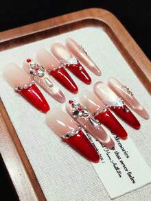 Handmade Nail Polish, Press-On Artificial Nails, French Style, High-End Texture. Pink Cat-Eye, Shiny. White Lace, Various Glittering Rhinestones, A Girl's Gift, Reusable. - Red - View 6