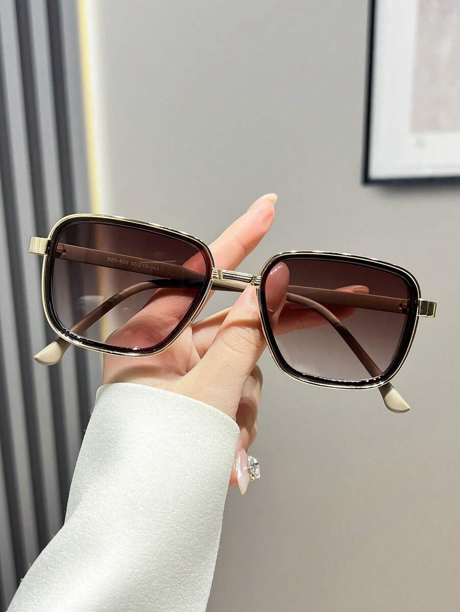 1pc Women's Fashion Decorative Glasses, PC Metal Frame Circle Business & Daily Wear Y2K Gift - Brown - View 1