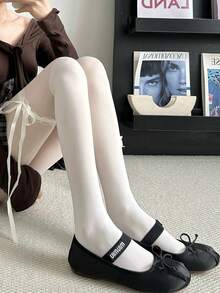 1双米色/黑色薄款透明甜美蝴蝶结拼接长筒袜，适合春夏穿着 - 彩色 - 查看 7