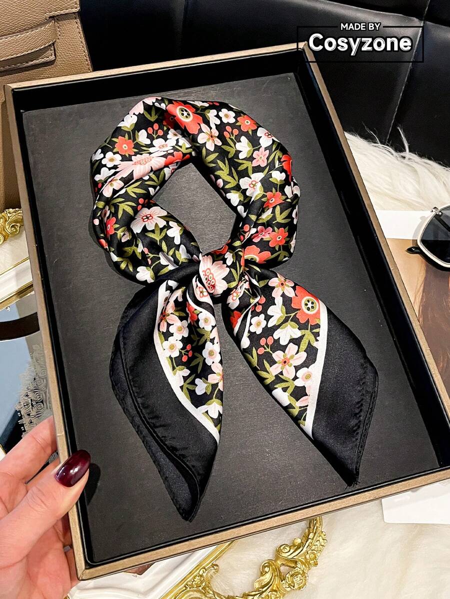 1条优雅碎花印花70厘米方巾，适合休闲和街头穿搭，可作头巾、发带、户外防晒装饰，完美打造各种造型。 - 黑色 - 查看 1