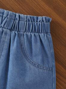 1 buah Celana Pendek Denim Warna Terang untuk Anak Perempuan, Kasual, Sehari-hari, Nyaman, Segar, Warna Pink Manis, Bordir Hati dengan Patchwork Renda Kecil - Light Wash - View 5