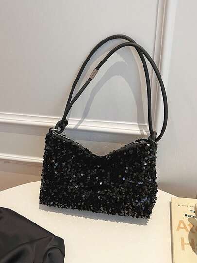 新款休闲黑色手提包，带闪光装饰，肩带可背，适合青少年女孩、女性、大学生，黑色包包