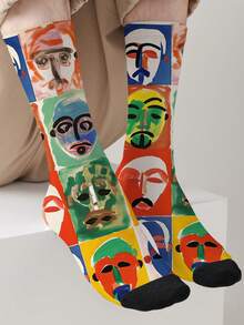 单双装艺术360°印花船袜 – 抽象人脸、霓虹骰子和涂鸦图案 | 青少年及潮流人士的街头服饰袜 - 彩色 - 查看 5