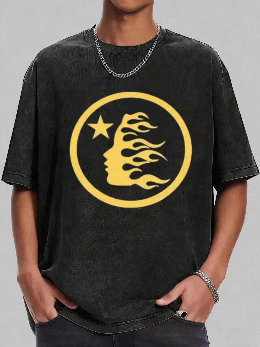 Hellstars Gold Flame Logo Retro Washed Print Round Neck Short Sleeve T-Shirt, 230g 100% Cotton T-Shirt, Summer Clothes, Men's Tops, Casual And Comfortable, Fashionable Graphic Tee, Unisex Style - 黑色 - 查看 1