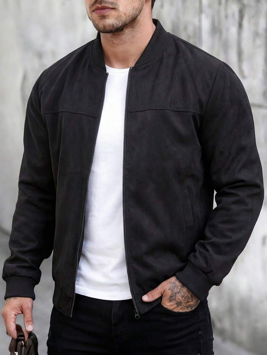Men's Outdoor Sports Jacket Casual Baseball Jacket Solid Color Zipper Baseball Collar Jacket, Comfortable Versatile Top, Suitable As Gift For Boyfriend, Husband, Father