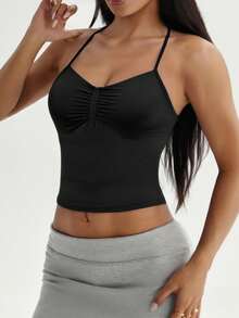 Aoqta Sports Women's Summer Casual Solid Color Halter Neck Tank Top, Fitted Sleeveless Backless With Chest Pad Ruffle Hem Halter Neck Top, Suitable For Yoga, Running, Workout, Daily Wear - Black - View 7