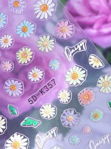 5D雏菊百合花浮雕美甲贴纸3片装，渐变彩色雏菊芙蓉花瓣绿叶藤蔓清新春夏花卉印花设计，DIY凝胶指甲油自粘沙龙贴纸滑动设计美甲装饰 - 彩色 - 查看 4