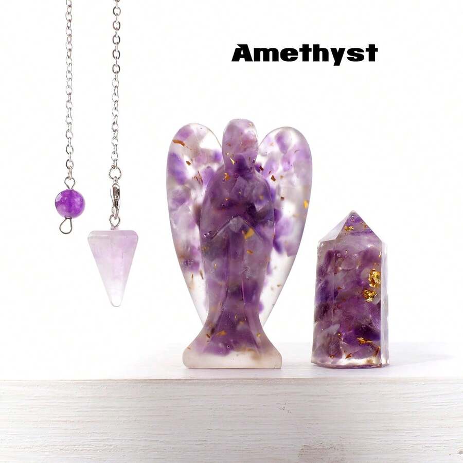 1 Set de Colgantes de Ángel de Siete Chakras de Piedras Preciosas Curativas Naturales, Amatista Espiritual, Juego de Artesanía de Yoga Reiki con Caja de Regalo para Sanación Espiritual - Conjunto de ángeles - Ver 1