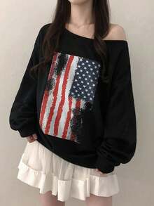 YCYC Vintage Flag Print Wide Neck Asymmetric Shoulder Sweatshirt Loose Fit Slimming Casual Top For Women - Black - View 1