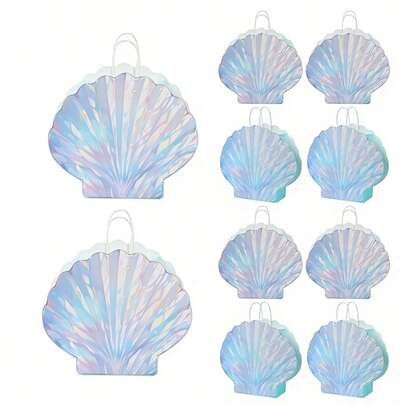 5pcs/10pcs, Multicolor Purple Shell Gift Bag With Solid Paper Handle For Wedding, Newborn Party, Birthday Party Decoration-Elegant Purple Seashell Design Paper Bag For Bridal Showers, Anniversary Party Supplies And Newborn Party Gifts,Ocean Beach Party Decor, Wedding Candy Goodie Bags,Iridescent Shell Shape Gift Box