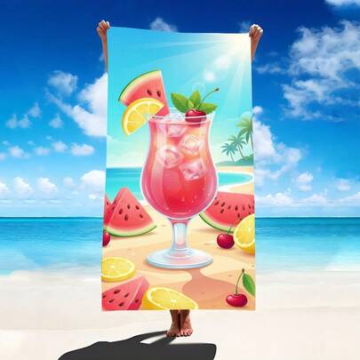 1pc Summer Beverage & Beer Themed Beach Towel, Super Soft Microfiber Extra Large Beach Blanket, Super Absorbent Bath Towel, Suitable For Travel, Swimming Pool, Diving, Surfing, Yoga, Camping, Available In Multiple Sizes, Beach Accessories