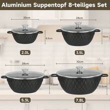8 pièces Ensemble de casseroles à induction 20/24/28/32 cm avec couvercle. Construction en aluminium de haute qualité - léger, distribution de chaleur rapide et couvercle en verre stable - permet une vue dégagée du processus de cuisson, résistant aux hautes températures. Poignées ergonomiques - particulièrement résistantes aux hautes températures et antidérapantes, assurant une manipulation aisée. - Voir 5