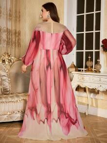 SUPGIR [Random Cut] Round Neck Lantern Sleeve Luxury Beaded Embroidery Decor Elegant Flared Hem Multi-Color Evening Gown Dress - Pink - View 2