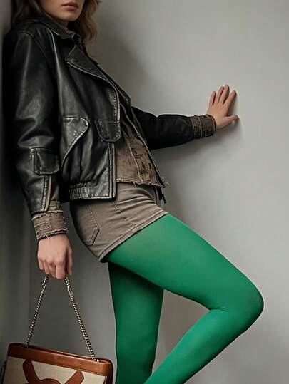 1件装女士丛林绿复古加厚哑光紧身连裤袜，INS博主必备的性感复古单品，四季皆宜，优雅复古丝袜，光滑防勾丝。