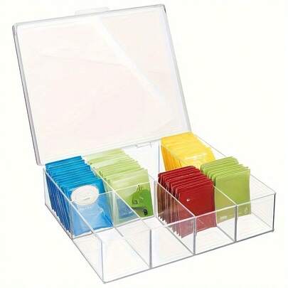 1pc High Transparency Plastic Multi-Compartment Storage Box, Multi-Functional Categorized Storage + Dust-Proof Display, Suitable For Kitchen, Tea Bags, Dolls, Cosmetics, 8-Grid Transparent Plastic Storage Box With Removable Dividers