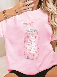 Plus Size Women's Solid Color Loose Round Neck T-Shirt, Retro Beverage Print T-Shirt, Vacation Retro Pattern Top, Aesthetic Blouse, 90s Style Casual Pink - 粉色 - 查看 7