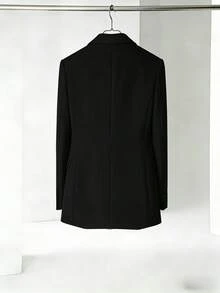 Women's Maxi Lined Blazer With Open Crew Neck, Formal Tailored Style With Shoulder Pads | Autumn & Winter - 黑色 - 查看 2