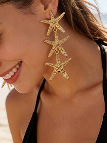 1 Pair Metal Textured 3D Starfish Dangle Earrings, Ocean Style Suitable For Beach Vacation And Party Outfits - Yellow Gold - View 5