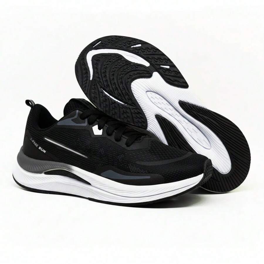 Black And White Athletic Running Shoes With A Comfortable High Sole, Ideal For Running, Walking, And Gym Workouts. - Black and White - View 1