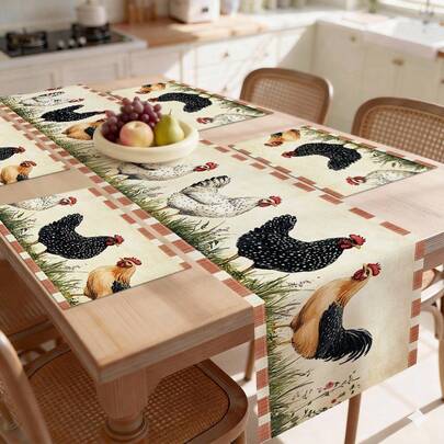 1pc Chicken Pattern Table Runner, Rustic Style, Daily Home Kitchen Decor, 1pc Table Runner, 4pcs Placemats, 1pc Cushion Cover, Table Runner & Placemat Set, Multiple Product Combinations Available, Home Decor Indoor/Outdoor Party Supplies, Suitable For Daily Home Kitchen Decor And Event Party Decoration