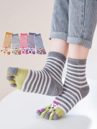 1/2/3/5 Pairs Women Colorful Striped Cat Pattern Cartoon Cute & Fun Toe Socks