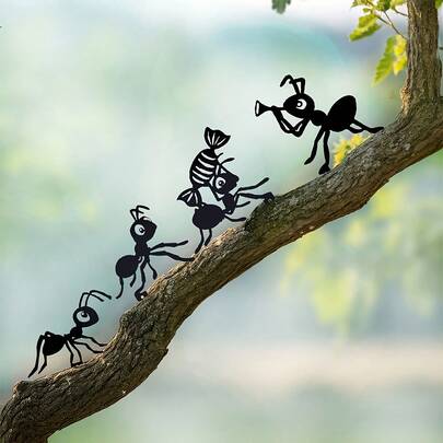 4件铁艺花园装饰插牌，黑色金属蚂蚁剪影花园装饰，铁艺装饰，户外树枝装饰，适用于花园、庭院围栏、窗户、树木、优雅的草坪和露台、围栏装饰、庭院装饰。