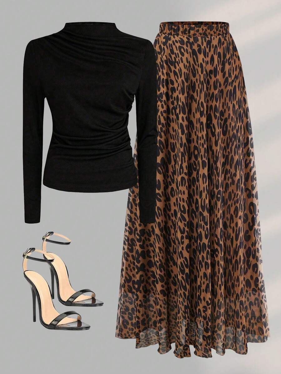 女士秋季纯色圆领褶裥修身长袖T恤+豹纹半裙休闲两件套春季穿搭 - 彩色 - 查看 1