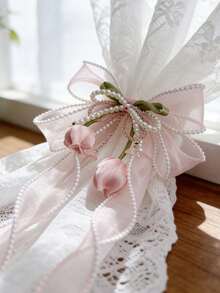 2 pièces/4 pièces Embrasses de rideaux en dentelle avec perles en forme de nœud papillon, décor de tulipes roses. Embrasses de rideaux de style princesse française avec ruban perlé pour la maison et les bureaux, décoratif - Rose bonbon - Voir 7