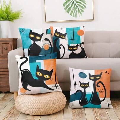4 vỏ gối hình mèo đen thời Trung cổ, trang trí cổ điển cho Halloween, phù hợp cho ghế sofa, nhà cửa, phòng ngủ (không kèm ruột gối)