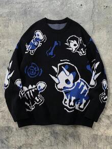 Plus Size ANDREILEE Men's Street Style American Personalized Dinosaur Print Black Long Sleeve Crew Neck Sweater, Casual Loose Fit Pullover Knit Top, Suitable For Spring, Autumn And Winter - Black - View 2