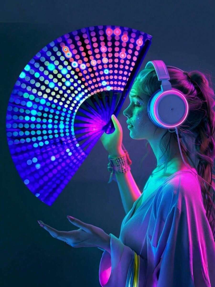 1 pieza Abanico plegable de gran tamaño con patrón de lunares de arcoíris vibrante y aleatorio, abanico de regalo, accesorio para actuaciones, abanico mágico, adecuado para festivales, bodas, fiestas, discotecas, unisex, patrón aleatorio, verano, vacaciones