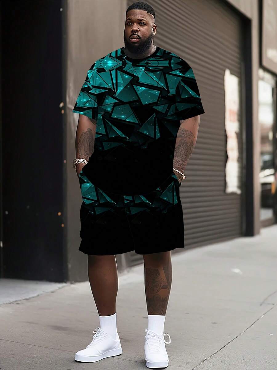 Set di camicia e pantaloncini sportivi casual estivi per uomo taglia grande - motivo geometrico verde-nero, in tessuto misto poliestere traspirante, lavabile in lavatrice, adatto per uomini alti e in sovrappeso, taglia large. - Colori misti - Visualizzare 1