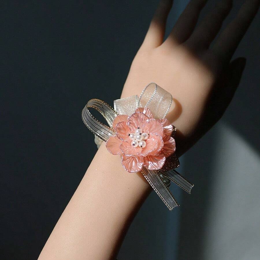 1朵粉色婚礼胸花伴娘手腕花,优雅手腕花,新娘派对配饰,婚礼装饰,夏季,海滩 - 西瓜粉 - 查看 1