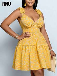 RNU Plus Size Women's Ditsy Floral Ruffle Shoulder Sleeveless Dress, Suitable For Office Commute, Evening Date, Holiday, School, Vacation, Casual Home, Daily Wear, Birthday Party, Formal Dinner, Back To School Party, Singles Party, Travel, Stage Performance And Concert, Afternoon Tea, Country Music Festival, Etc. - Yellow - View 5