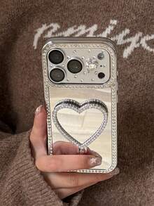 1pc Luxury Rhinestone Bling Glitter Heart Ring Holder Mirrored Phone Case Compatible With IPhone 17 16 15 14 Pro Max Silicone Cool - Silver - View 3
