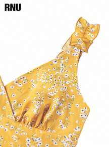 RNU Plus Size Women's Ditsy Floral Ruffle Shoulder Sleeveless Dress, Suitable For Office Commute, Evening Date, Holiday, School, Vacation, Casual Home, Daily Wear, Birthday Party, Formal Dinner, Back To School Party, Singles Party, Travel, Stage Performance And Concert, Afternoon Tea, Country Music Festival, Etc. - Yellow - View 9