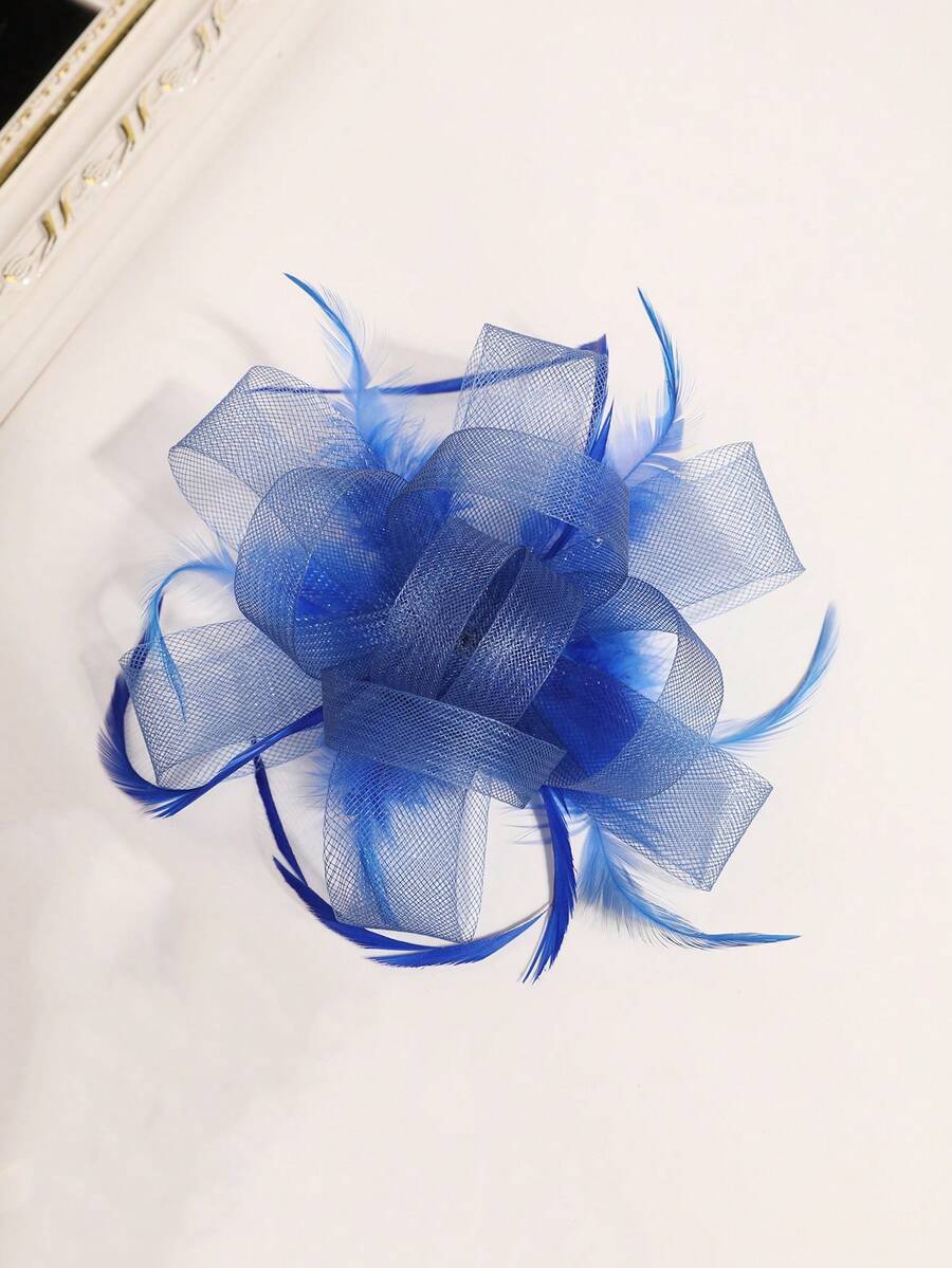 1pc Women's Charming Hat, Floral Mesh Ribbon Feather Hairclip, Tea Party Headpiece, Suitable For Cocktail Party, Church Wedding, Kentucky Derby - Royal Blue - View 1