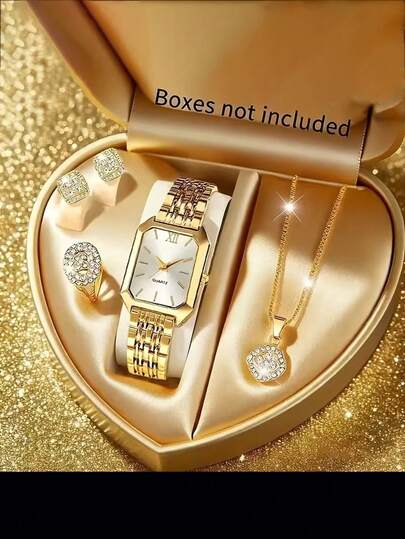 一套女士手表/4件套首饰，优雅方形石英表，搭配不锈钢表带，送给她的完美礼物，休闲风格，最佳礼品套装