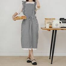 1pc Plaid Apron Dress, Sweet Korean Style Ruffle Collar Mid-Length Dress, Suitable For Kitchen Apron - Black and White Checkered - View 2