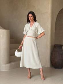 Lily House Summer Elegant Commuting V-Neck Cinched Waist Bat Sleeve Top + A-Line Skirt Two Pieces Set, Daily Elegant Casual Commuting Brunch Garden Party - Gray Apricot - View 7