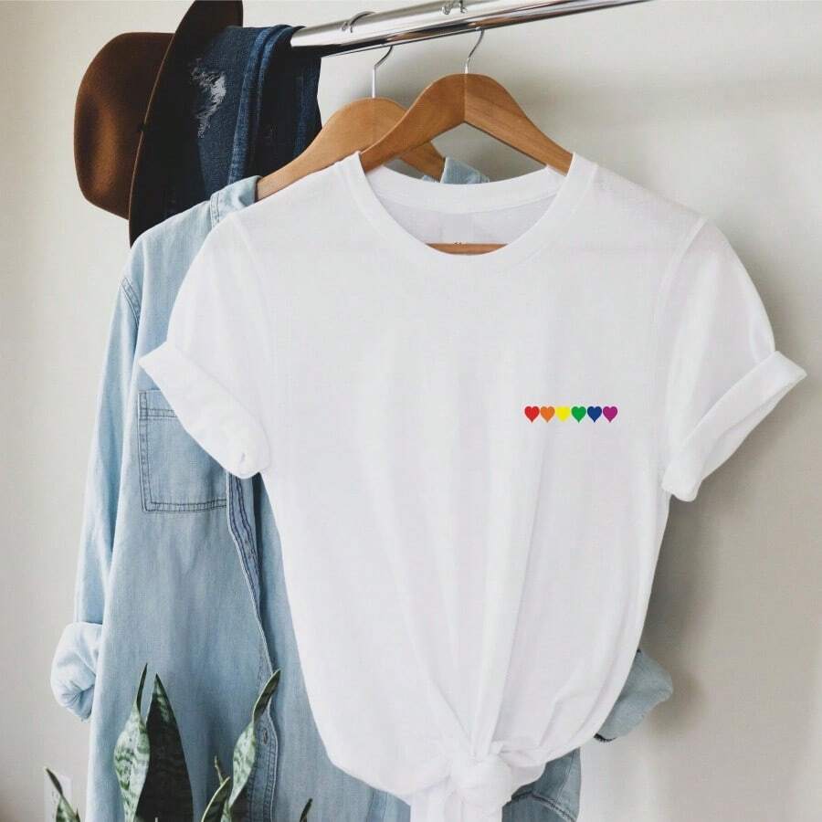 Rainbow Hearts T Shirt Pocket Logo LGBTQ Pride T Shirt Gay Pride Tee Unisex Mens Ladies 100 Soft Cotton Tee - 白色 - 查看 1