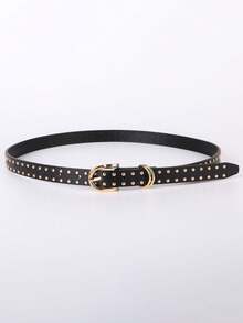 1 pieza Cinturón delgado y elegante para mujer con remaches dorados pequeños y hebilla de aleación, cinturón de piel de poliuretano sólido, de color lindo y elegante, adecuado para primavera, verano y escuela - Negro - Ver 9
