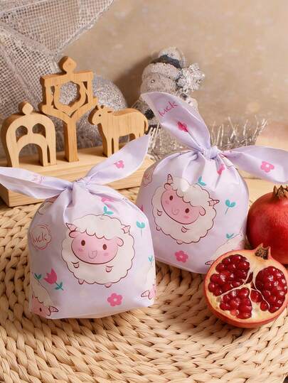 50个可爱兔耳设计礼品袋，卡通绵羊图案糖果包装袋，婚礼派对回礼袋，印有绵羊和口袋图案的小塑料礼品袋，适合包装小型手工礼品，宰牲节小礼品袋，也适用于节日、婚礼和派对装饰及用品包装。