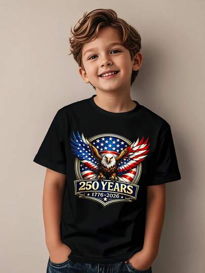 1pc 4th Of July Kids' Eagle American Flag Print Black TShirt, Crew Neck, Casual Cotton Tee, Medium Stretch Knit Fabric, Regular Fit For Boys& Girls Children, 250 Years Pattern, For Independence Day, Veterans Day, Labor Day, Memorial Day